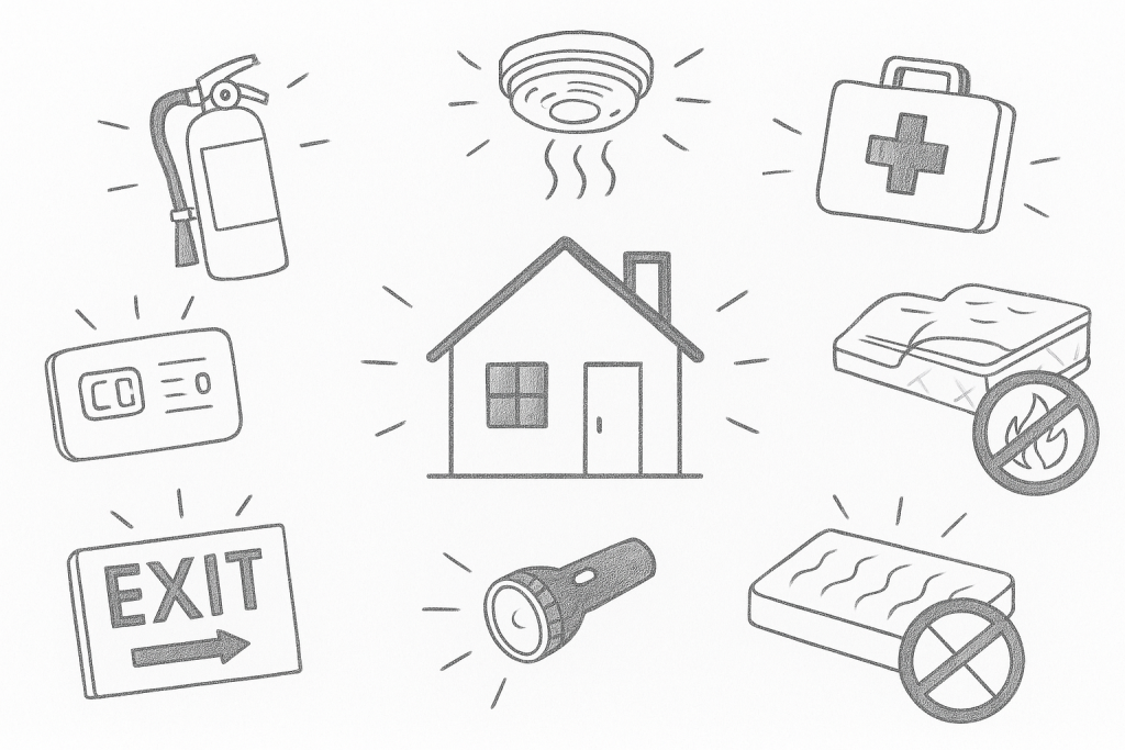 Illustrazione delle principali dotazioni obbligatorie per case vacanza in Italia, tra cui estintore, rilevatore di fumo, kit di pronto soccorso, segnaletica di emergenza e materasso ignifugo.