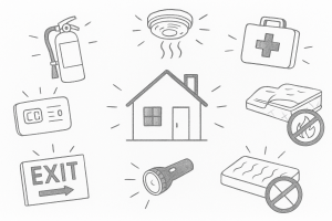 Illustrazione delle principali dotazioni obbligatorie per case vacanza in Italia, tra cui estintore, rilevatore di fumo, kit di pronto soccorso, segnaletica di emergenza e materasso ignifugo.