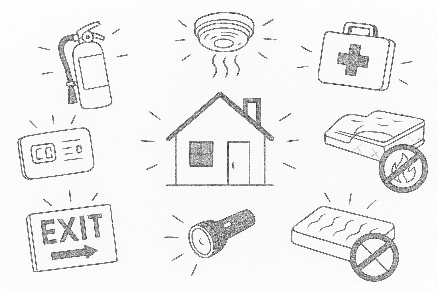 Illustrazione delle principali dotazioni obbligatorie per case vacanza in Italia, tra cui estintore, rilevatore di fumo, kit di pronto soccorso, segnaletica di emergenza e materasso ignifugo.