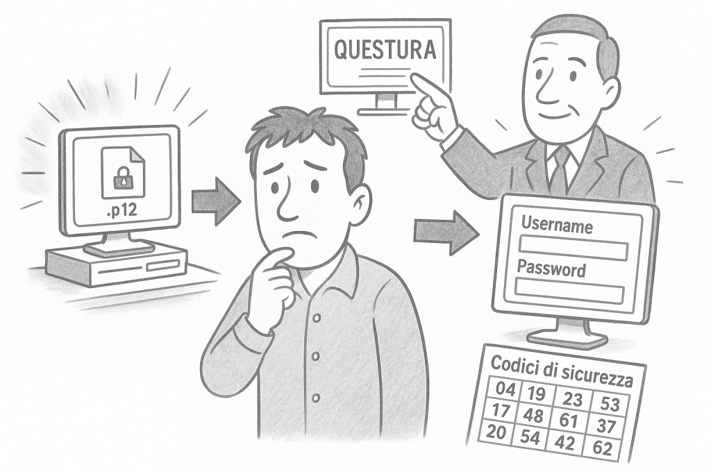 Illustrazione in bianco e nero che mostra un gestore di casa vacanze durante il passaggio dal vecchio certificato digitale al nuovo accesso con codici di sicurezza per il Portale Alloggiati Web della Polizia di Stato.