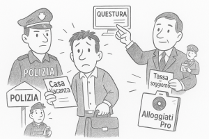 Illustrazione che mostra un proprietario di casa vacanza controllato da Polizia e funzionari comunali per la registrazione degli ospiti, la tassa di soggiorno e gli adempimenti con la Questura.