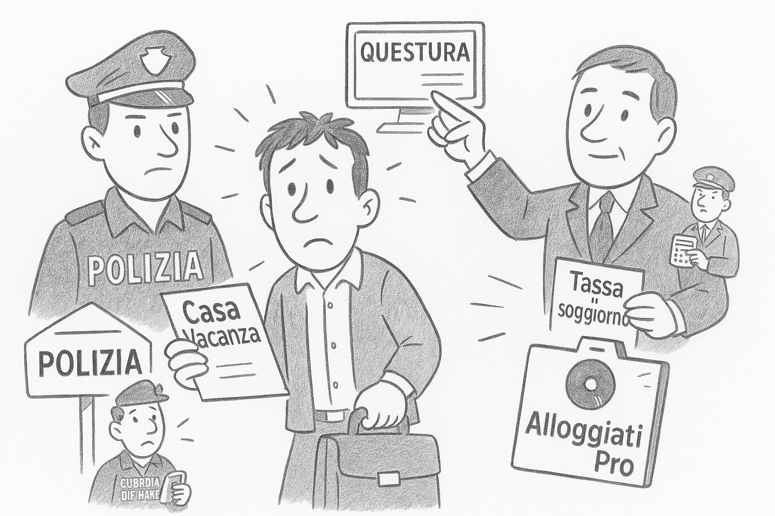 Illustrazione che mostra un proprietario di casa vacanza controllato da Polizia e funzionari comunali per la registrazione degli ospiti, la tassa di soggiorno e gli adempimenti con la Questura.