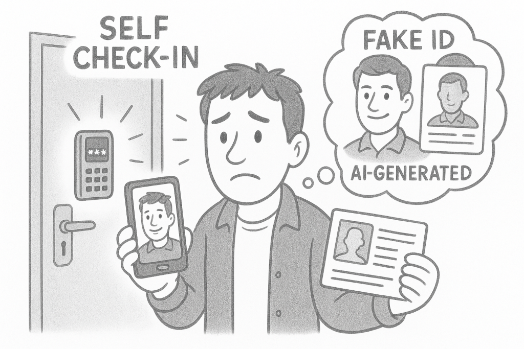 Illustrazione a matita in bianco e nero che mostra un uomo preoccupato davanti a una porta con tastierino per self check-in, mentre tiene in mano un documento e uno smartphone con un volto generato dall’IA, simbolo dei rischi legati al riconoscimento automatico.