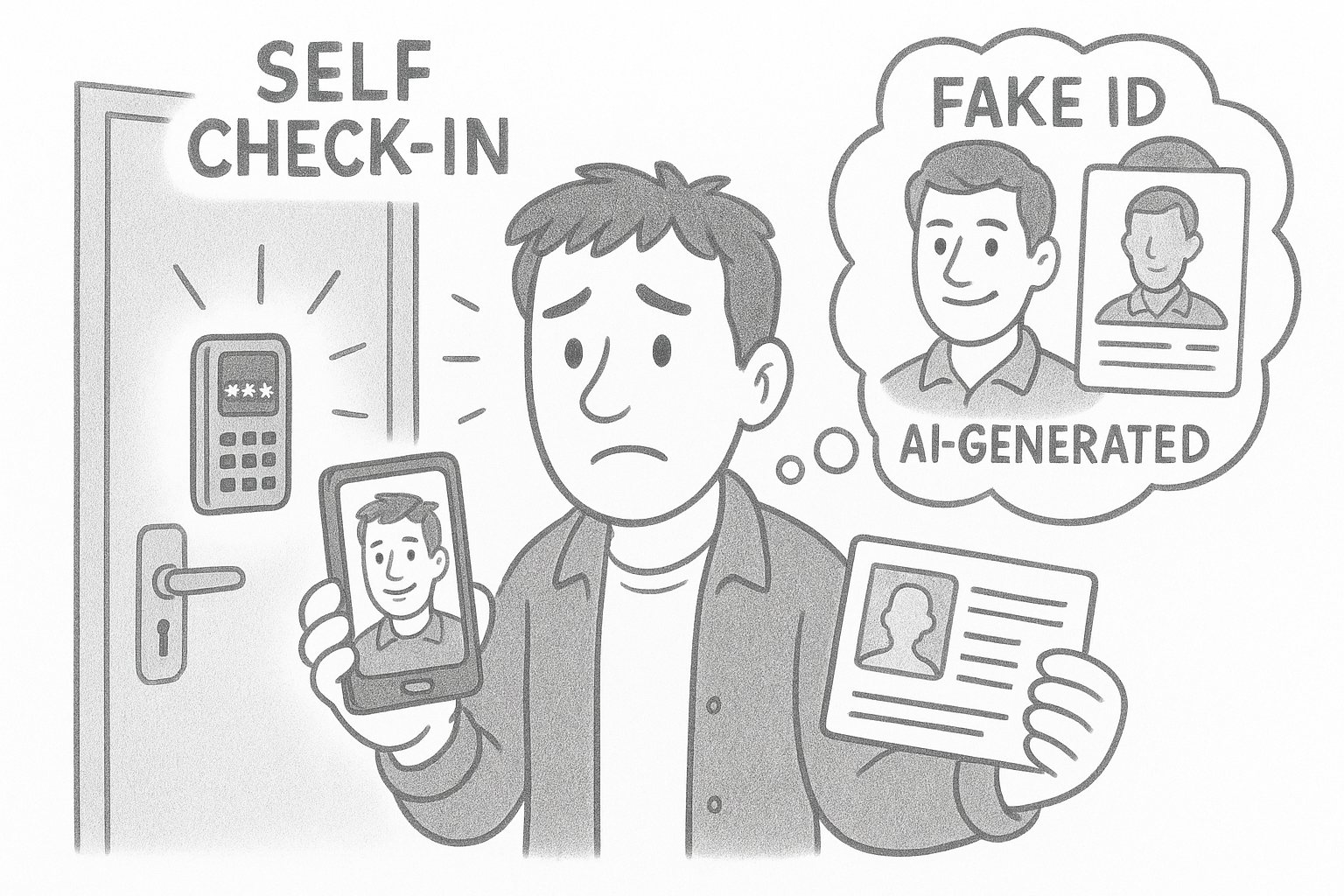 Illustrazione a matita in bianco e nero che mostra un uomo preoccupato davanti a una porta con tastierino per self check-in, mentre tiene in mano un documento e uno smartphone con un volto generato dall’IA, simbolo dei rischi legati al riconoscimento automatico.